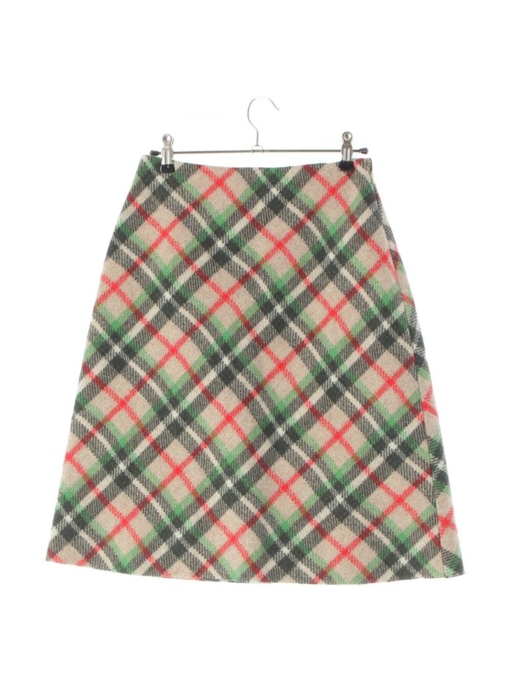 Miu Miu Wool Melton Check Back Logo Midi Skirt Green Red Beige 38